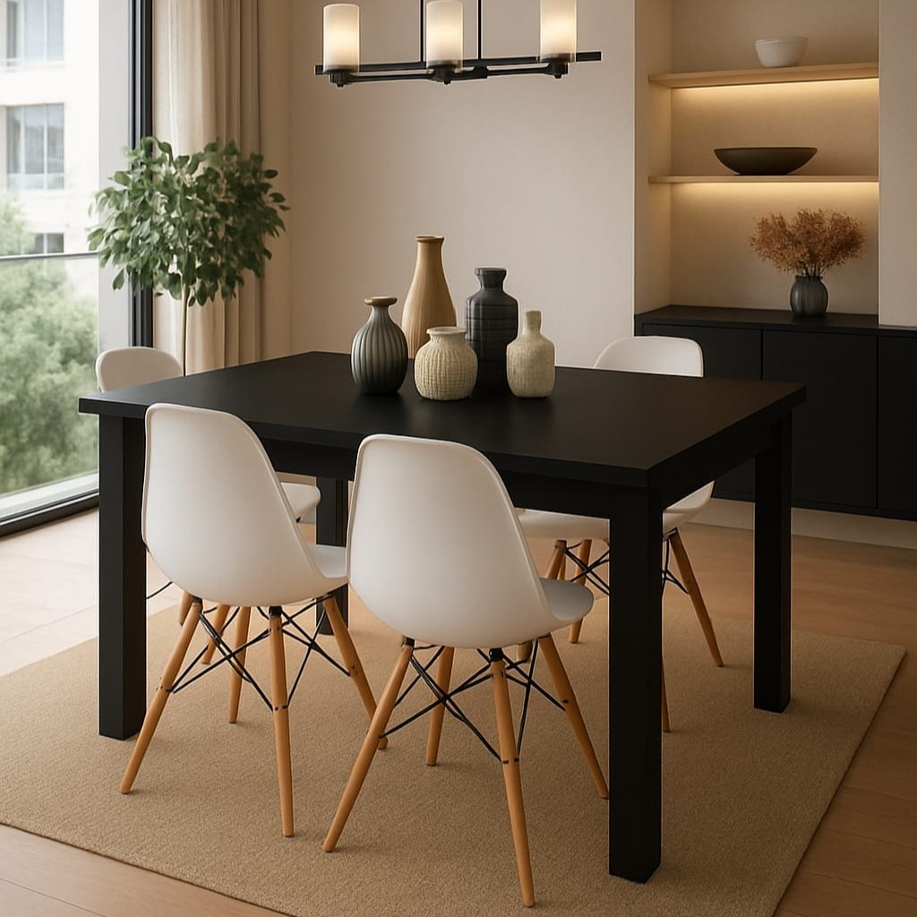 Mesa de Madeira Retangular 120x90 cm com 4 Cadeiras Eames  – Kit Sala de Jantar