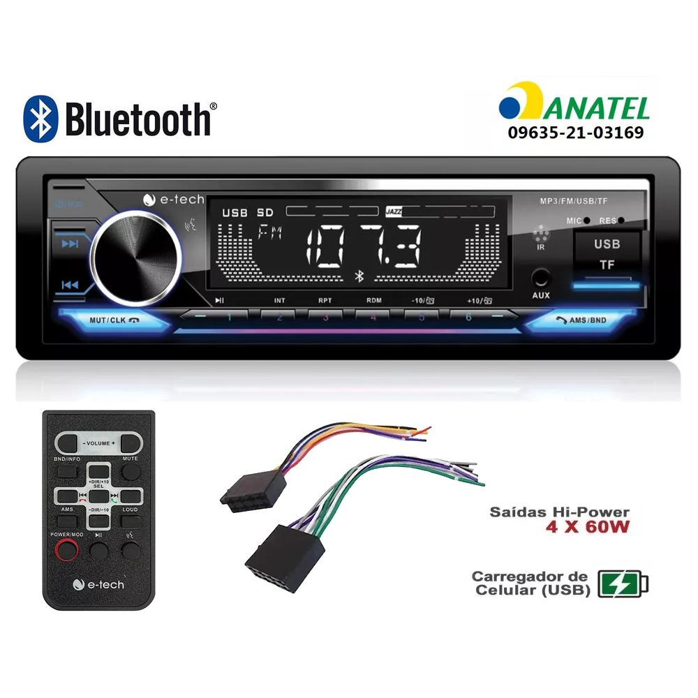 Som Automotivo Bluetooth FM RCA Rádio Mp3 Player p/ Voyage Mobi Palio Strada Fiorino Golf Polo Fox