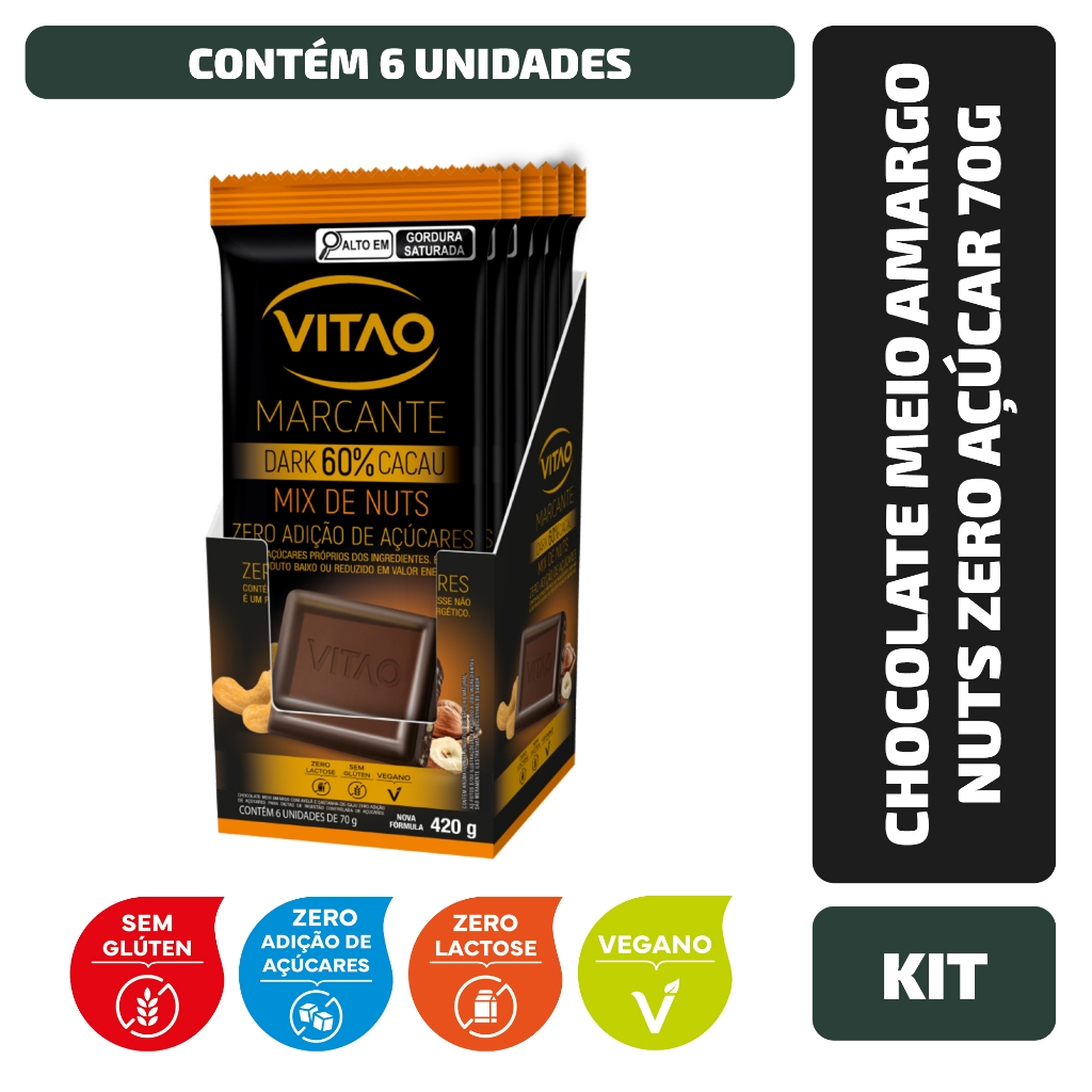 Kit Chocolate Meio Amargo Nuts Zero Açúcar Marcante 70G - 6 Unidades