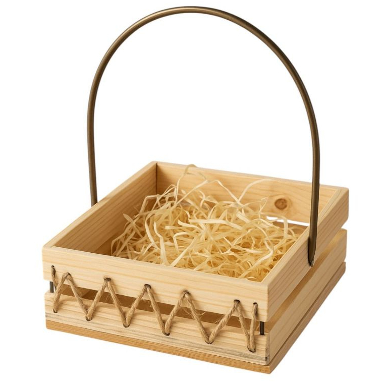 Cesta de Madeira Quadrada com Alça Presente, Café da Manhã e Decoração