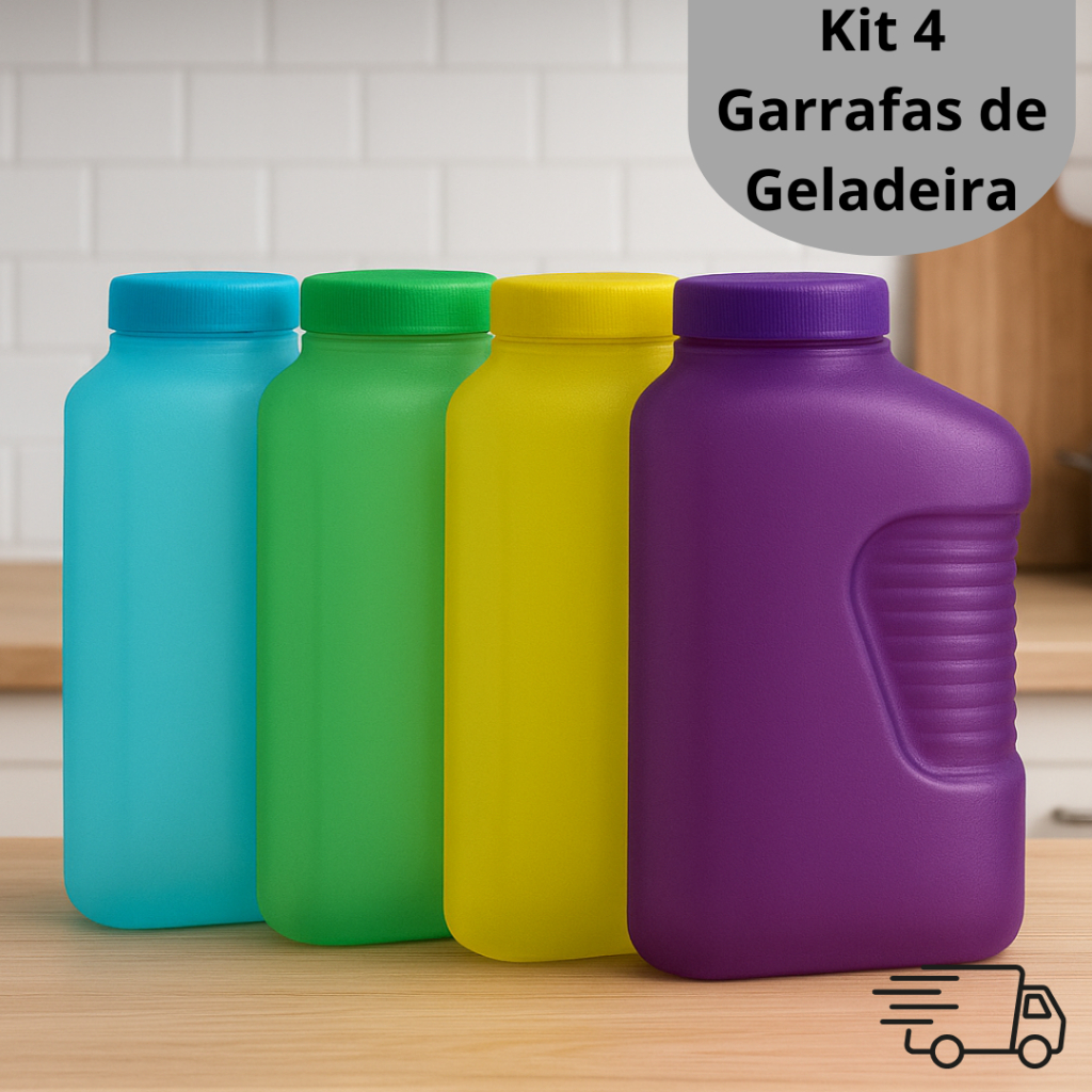 Imagem kit 4 Garrafa Geladeira 2L Coloridas Plástico Cozinha Água Domestico Verão Coloridas