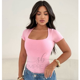 Body Feminino Manga Curta Decote Quadrado Suplex Com Forro Collant Casual Moda Verão em Oferta na Shopee