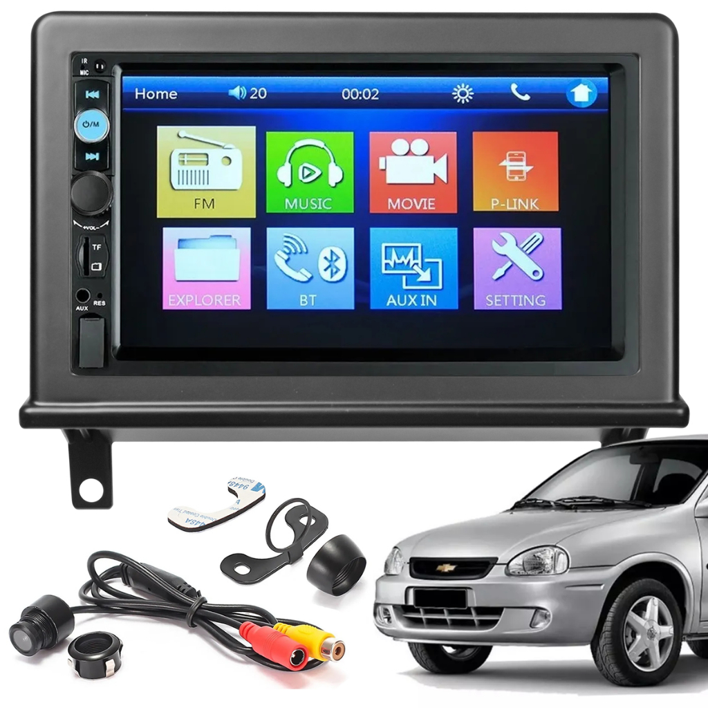 Central Multimídia Mp5 2 din 7" espelhamento Bluetooth p/ Corsa Classic Wind Moldura + Câmera de Ré