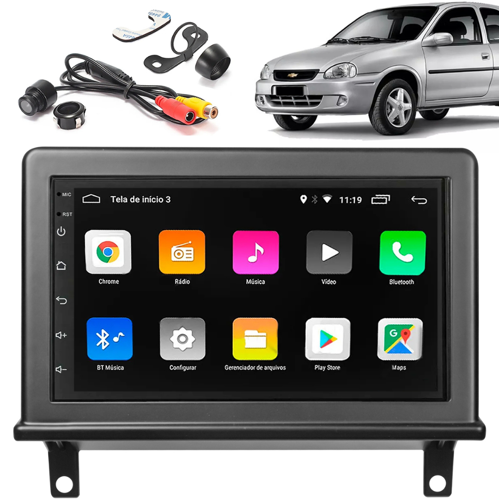 KIT Central Multimídia Android Auto Carplay Corsa Classic Wind Super Mp5 Wifi GPS Fm Rca Bleutooth