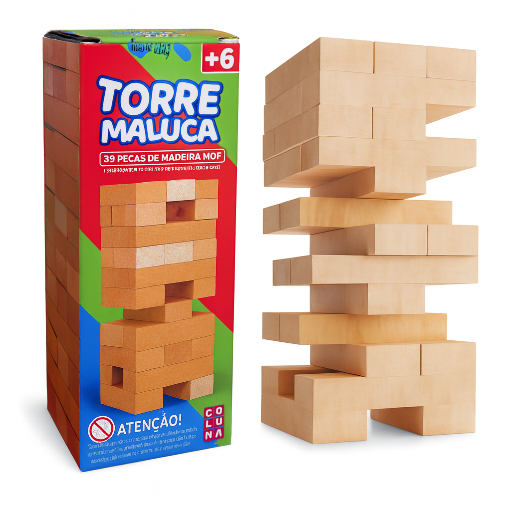 Jogo Torre Maluca 39 Peças Madeira MDF Educativo Brinquedo Equilíbrio Jenga Diversão Família Amigo