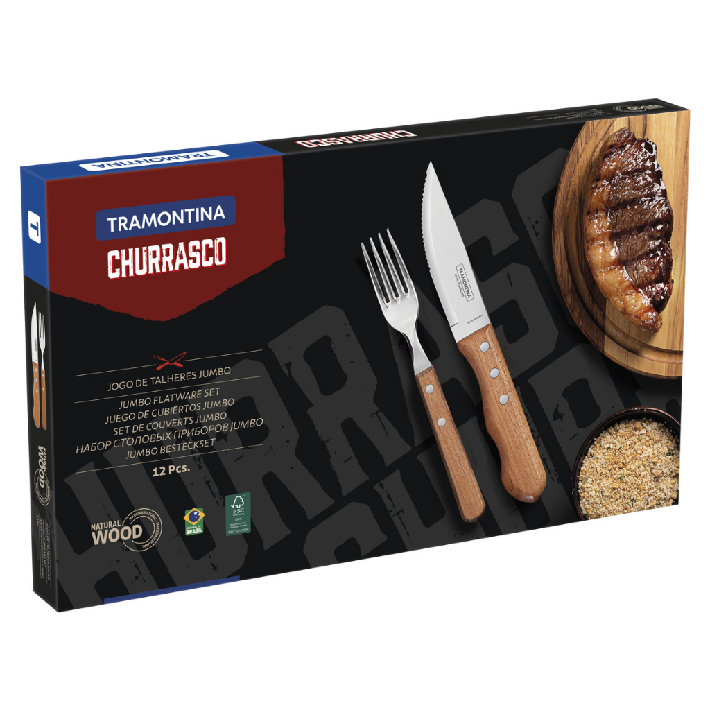 Detalhes do Jogo para Churrasco Tramontina Dynamic Jumbo Cabos de Madeira Natural 12 Peças 22399/063