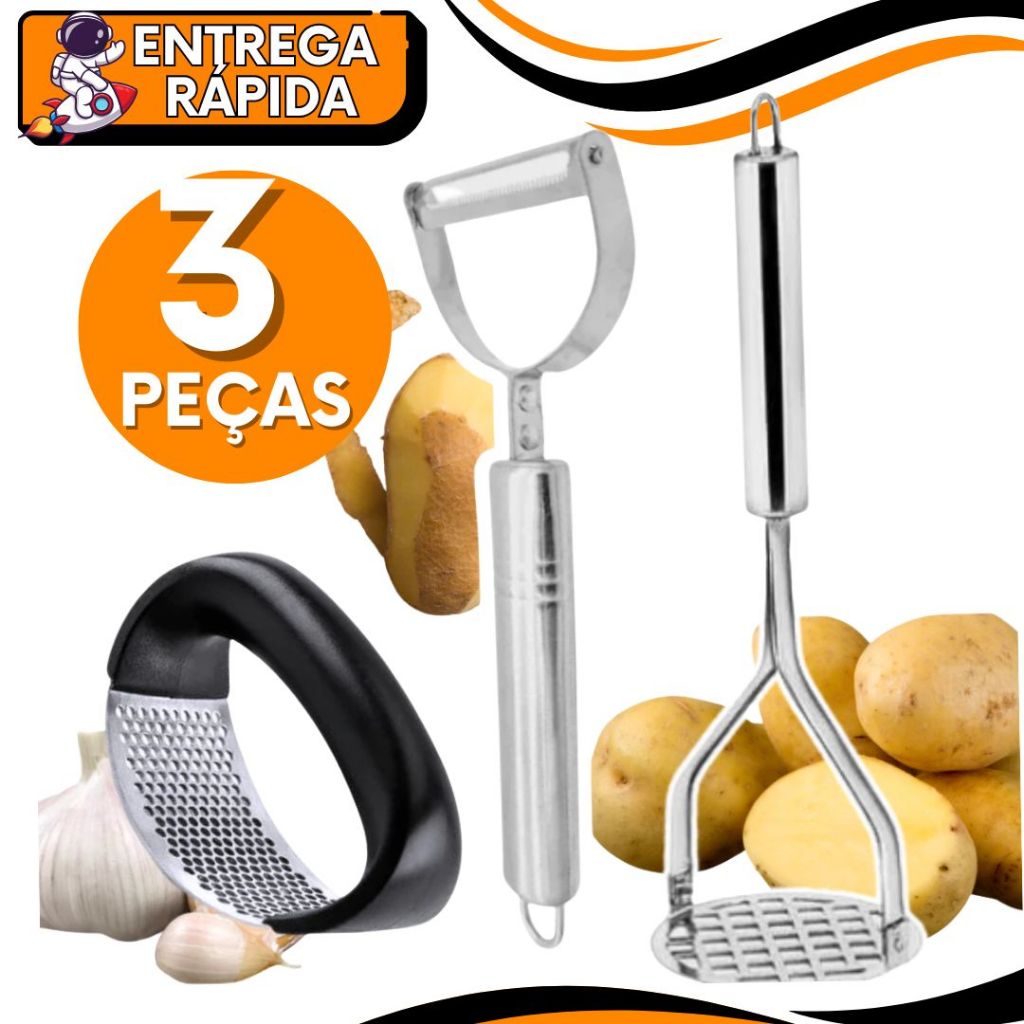 KIT JOGO 3 Amassador Batata + Descascador Legumes +Amassador Alho Legumes Batata Amassa Descasca Triturar Utensilio Casa