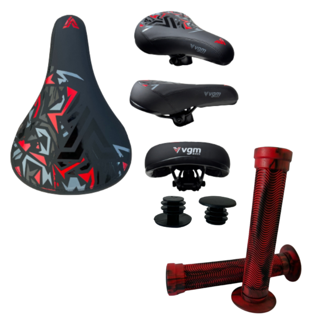 Selim Banco Bmx Vgm Grafitado Vermelho+ Manopla Importada Vermelha