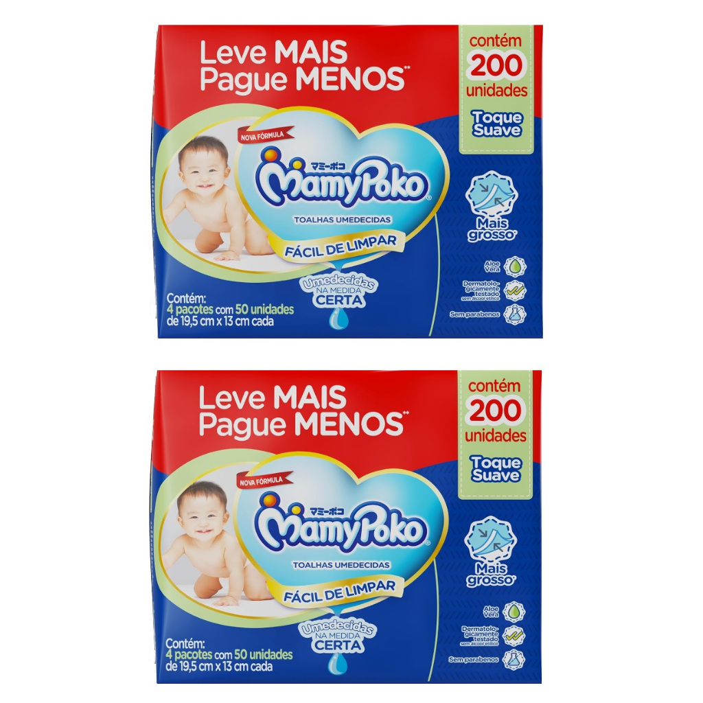 2 Kit de 200un Toalhas MamyPoko Umedecida Toque Suave 50un cada - Total 400 unidades em Oferta na Shopee