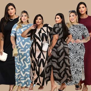 Vestido Longo Curve Curvy Plus size moda evangélica com fenda estampado e liso do 44 ao 58 Casual em Oferta na Shopee