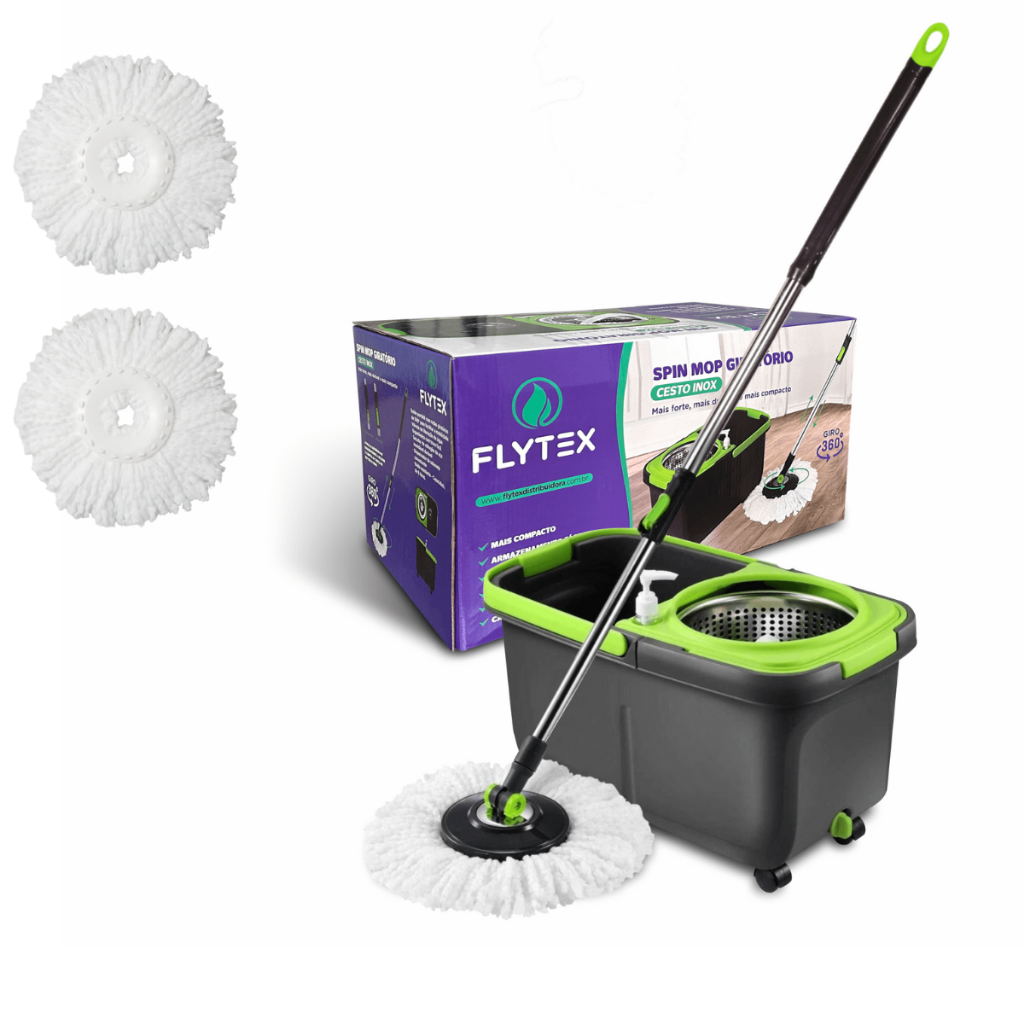 Mop Giratório Esfregão Cabo 1,60 mts Limpeza Geral Cesto Inox 16L Cabo 1,52 Metros - 2 Refil Flytex