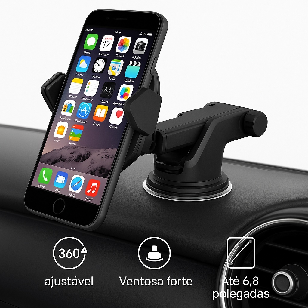 Suporte Veicular Universal Celular e GPS Trava Automática 360° Ajustável Ventosa Silicone Para Carro
