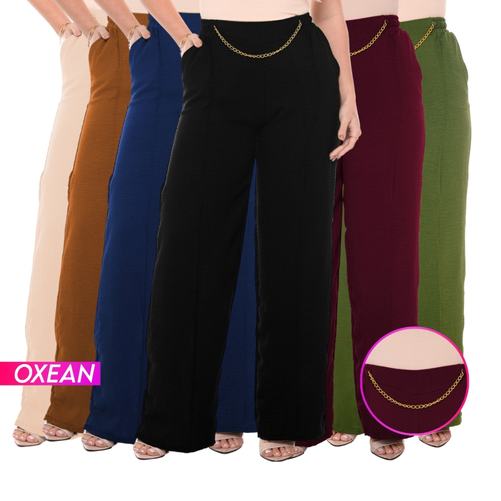 Calça Pantalona Feminina Cintura Alta Com Corrente Bolso Funcional