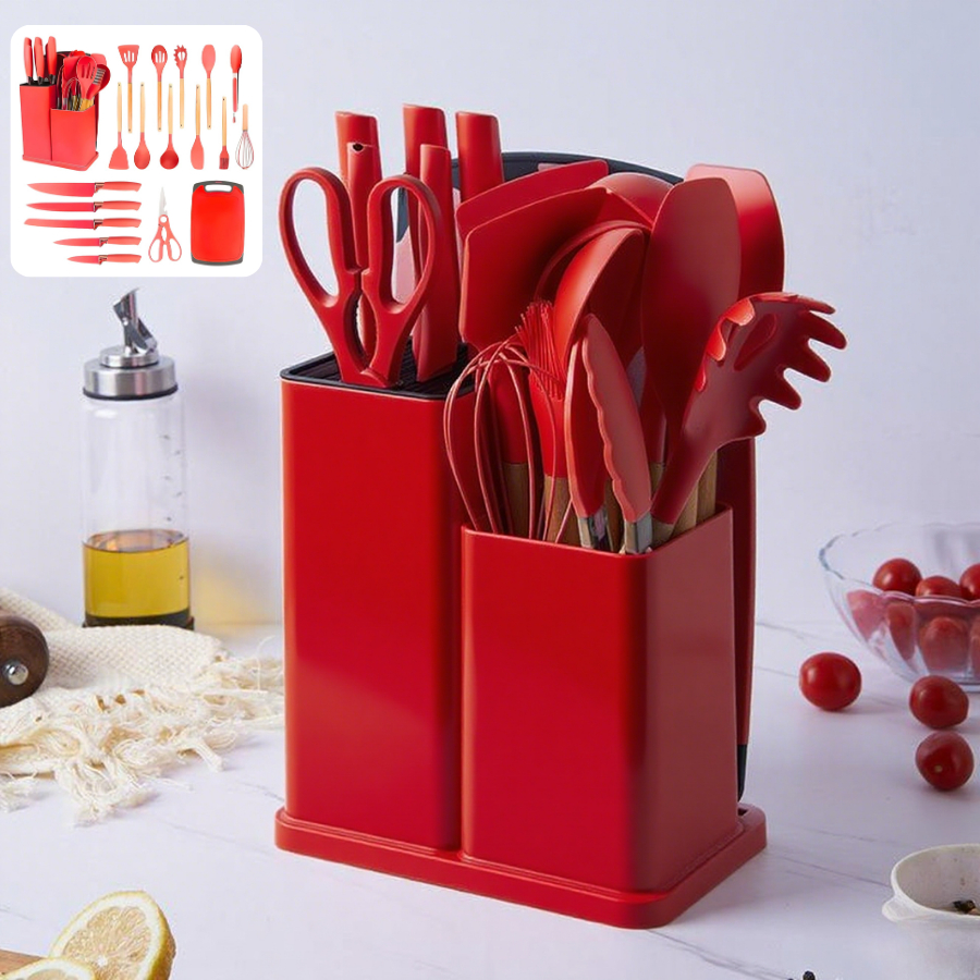 Kit Completo Jogo Utensílios de Cozinha De 19 Peças Com Tábua em Silicone Espátula Faca E Tesoura