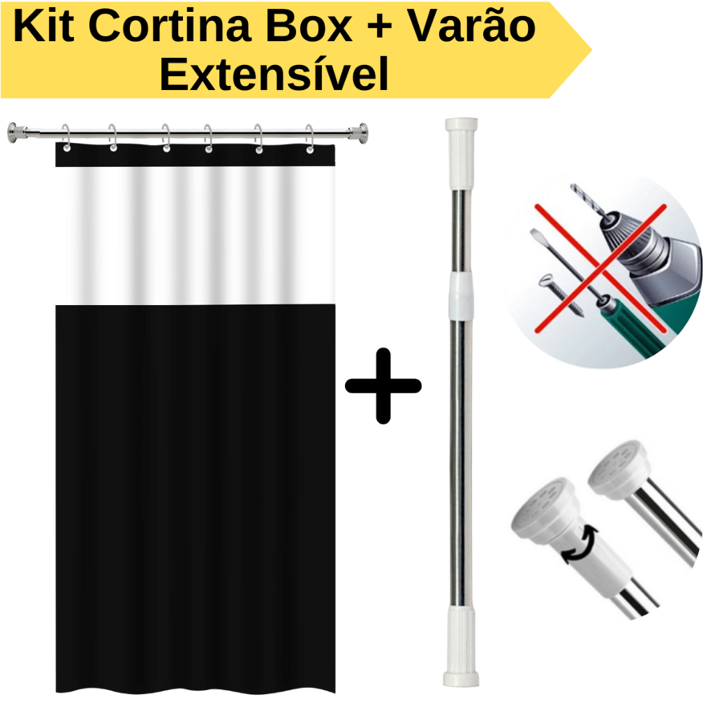 Kit Cortina Box Banheiro + Varão Suporte Extensivel Anti Mofo Com Ganchos Varias Cores Kit Cortina Box Banheiro + Varão Suporte Extensivel Anti Mofo Com Ganchos Varias Cores