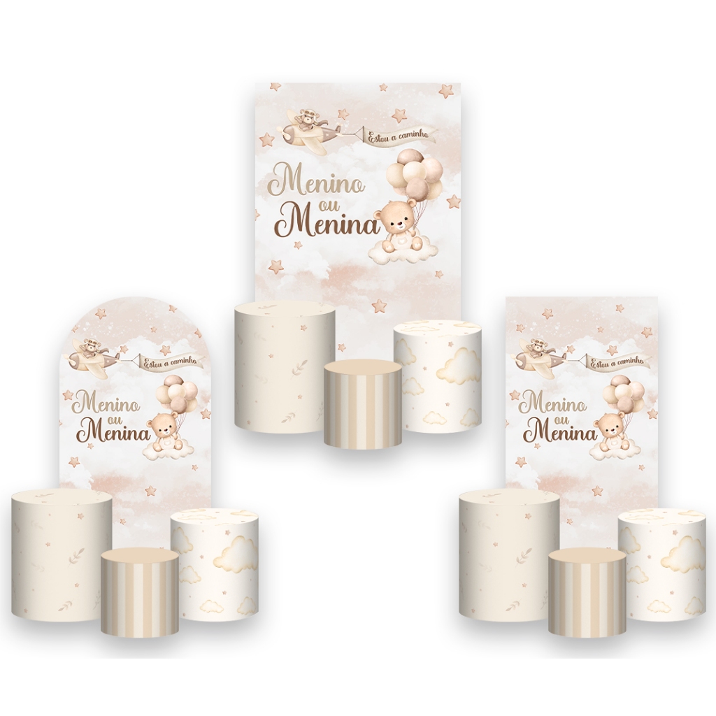 Painel De Festa Vertical + Trio De Capa Cilindro - Ursinho de Pelúcia Bege Revelação Menino ou Menina 040