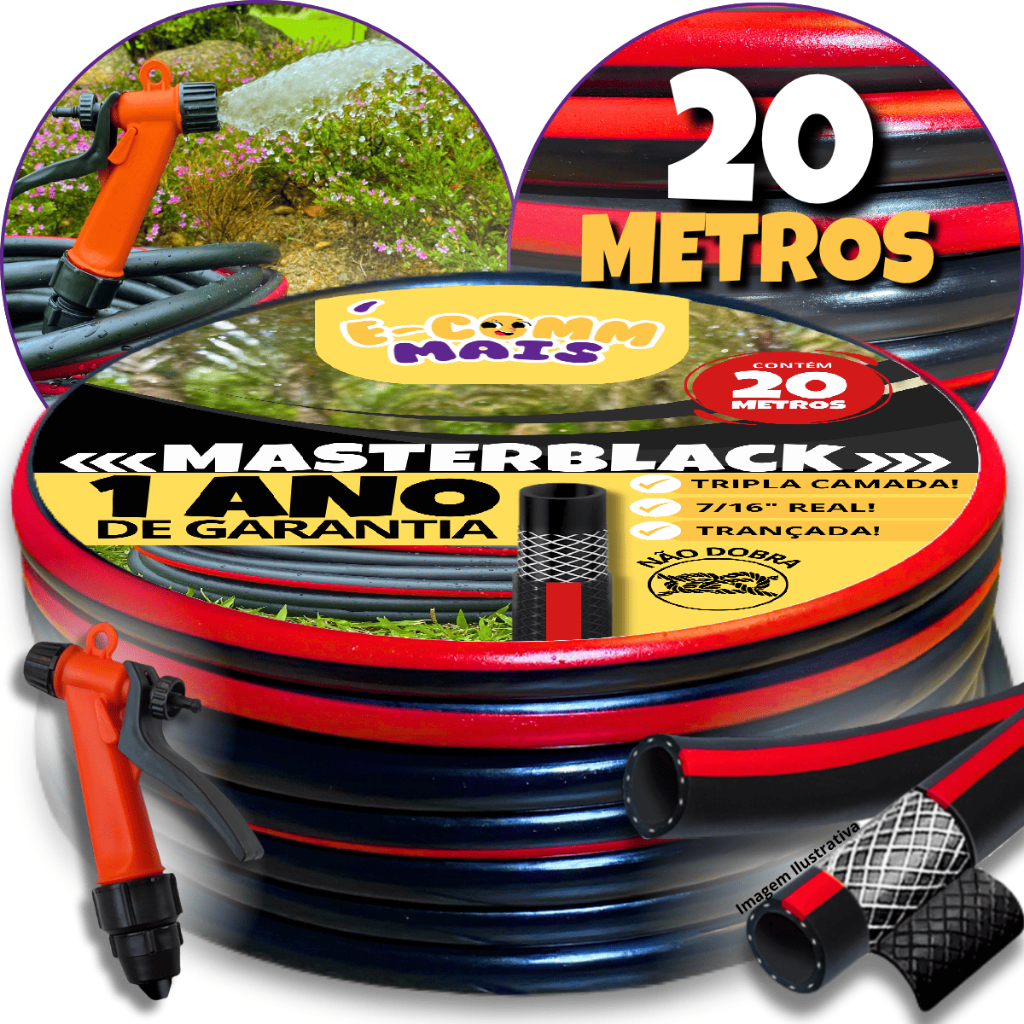 Kit Completo Mangueira de Jardim Trançada Preta 20m - Gatilho e União Reforçada Trançada Antitorção em Oferta na Shopee