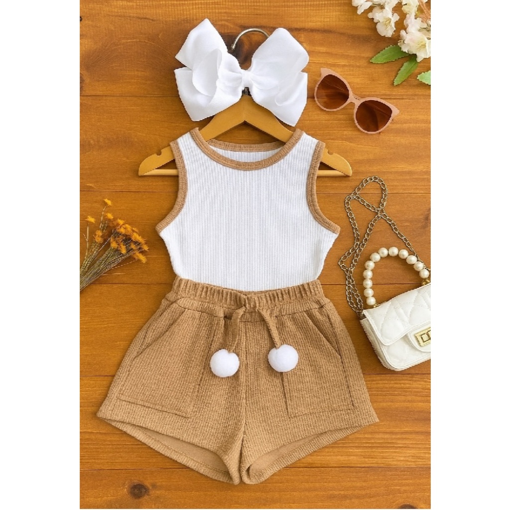 Conjunto para Meninas Infantil e Juvenil Tween Cropped Regata e Shorts com Pompom Caneado Ribana CJI034