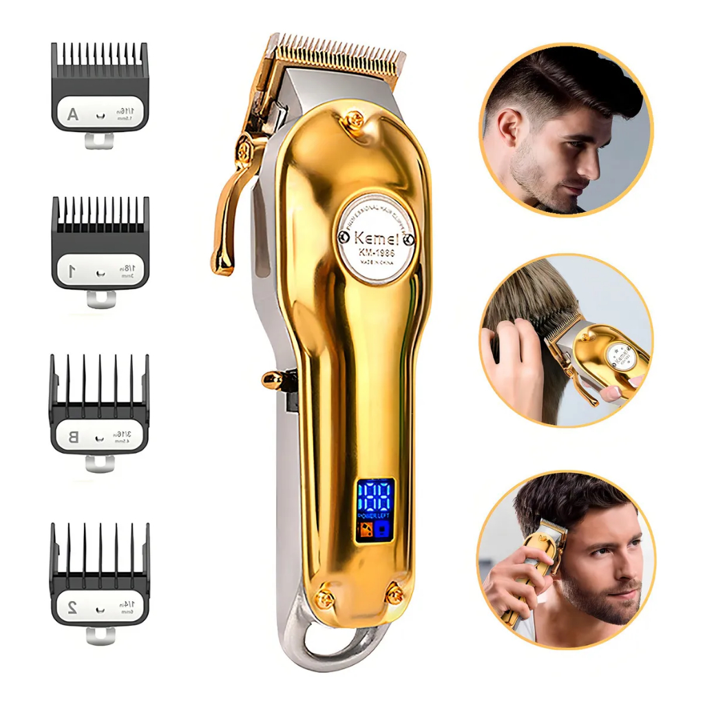 Máquina Cortar Cabelo Profissional Kemei Km-1986 Em Metal Dourado Com Visor Lcd em Oferta na Shopee