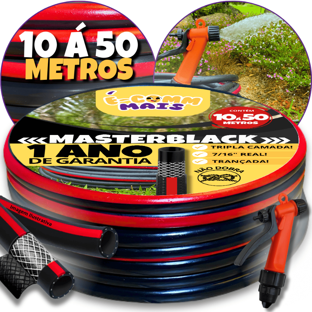 Mangueira de Jardim Trançada Tripla Camada Preta Com Gatilho - 10m á 50m -  Trançada Antitorção Reforçada 7/16