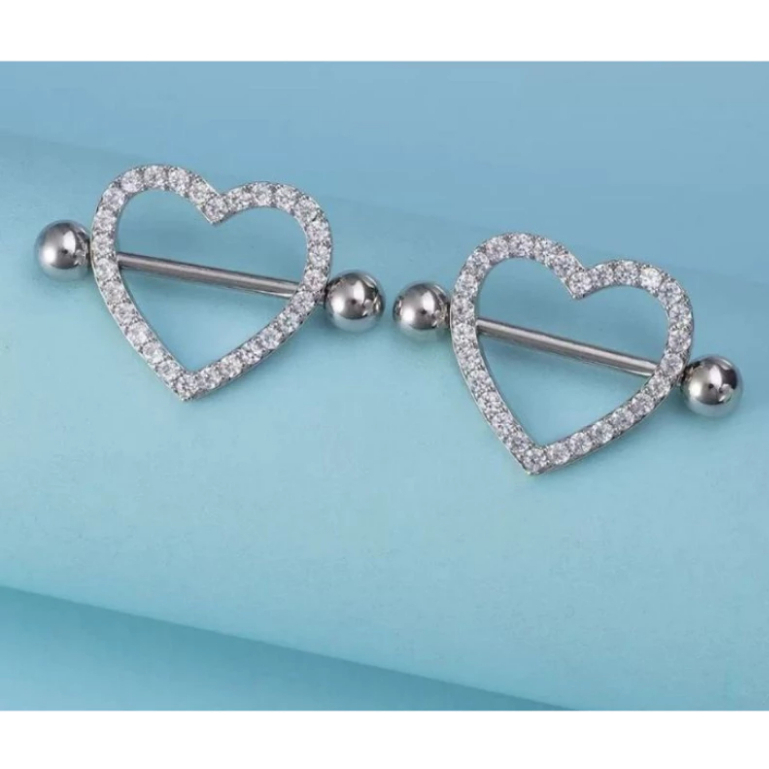 Kit 1/2/4 Piercing Mamilo Seios Peito Modelos Coração Cravejado com Zirconia Cristal