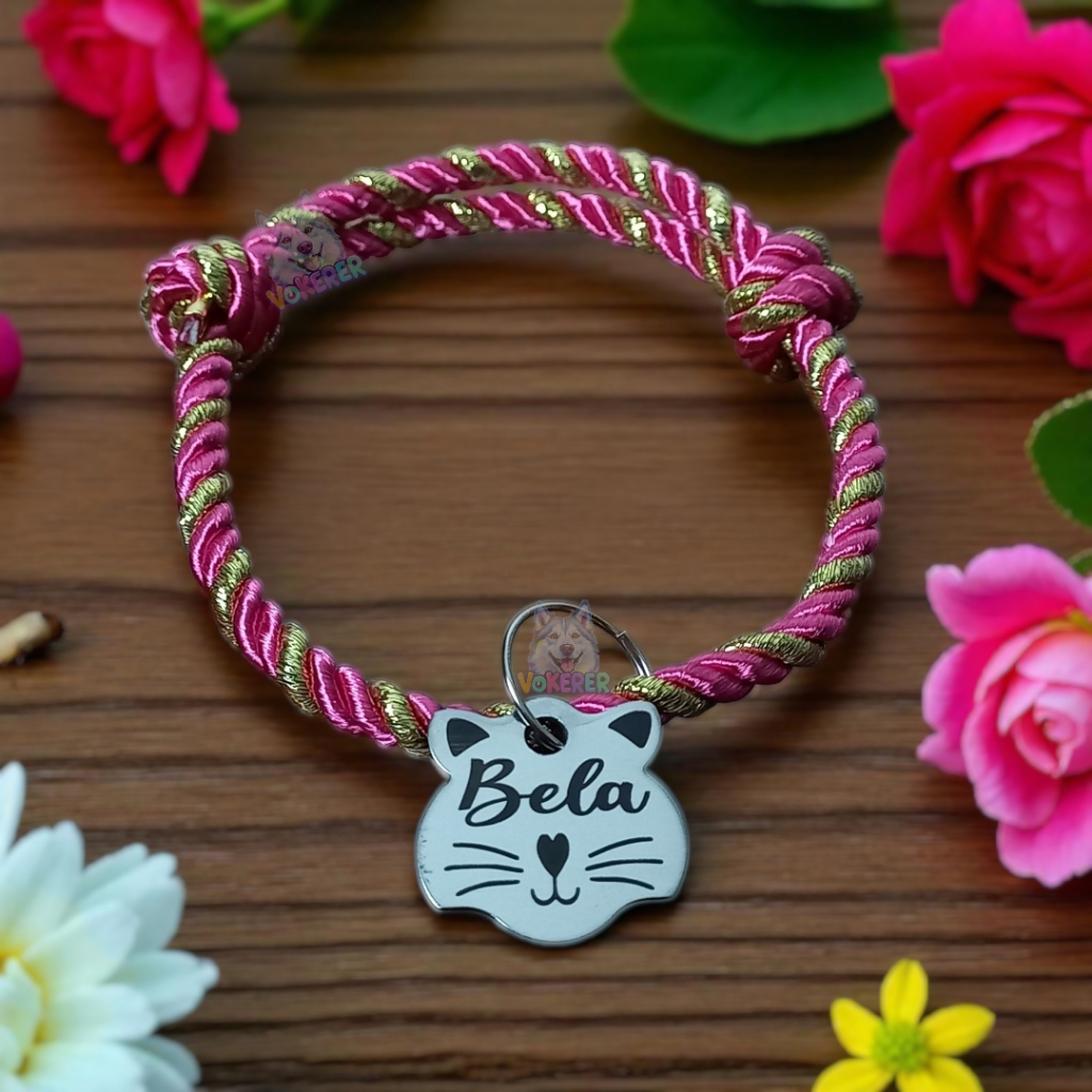 Coleira Gato Colar Trançado com Nome Personalizado Tag Cat em Aço
