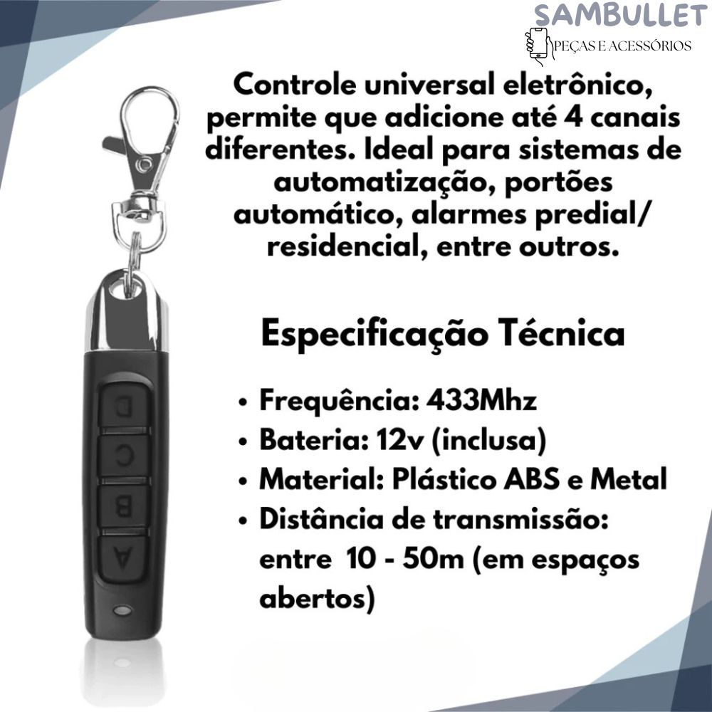 Controle Remoto Universal para Portão Elétrico Eletrônico Garagem com Chaveiro - detalhe