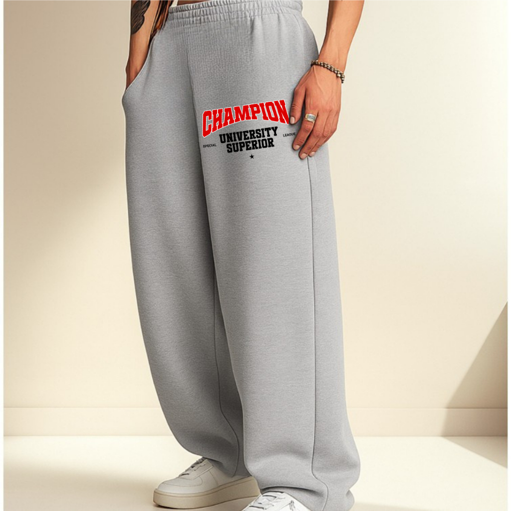 Calça Larga Moletom Wide Leg Unissex Estilo Streetwear Hip Hop Champion University
