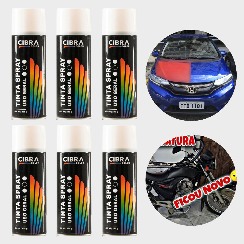 Kit 6 Tinta Automotiva Spray Cibra BRANCO BRILHANTE 400ml 235g Multiuso Metal Madeira Mais Vendido