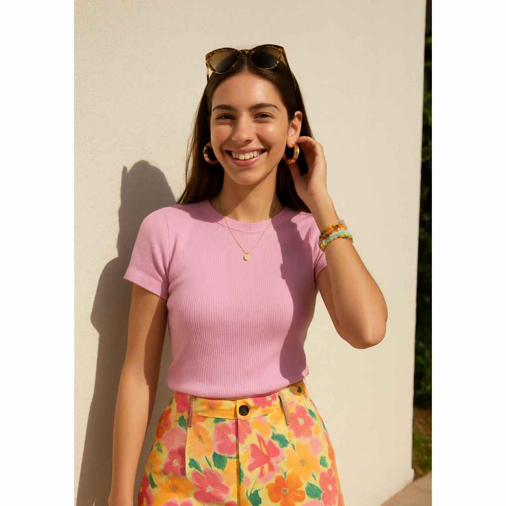Blusa Feminina Canelada em Ribana Gola Alta Manga Curta - Moda Casual e Estilosa