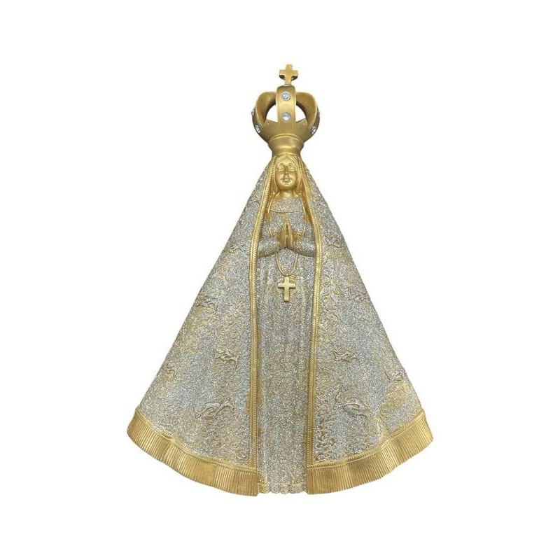 Placa de Parede Nossa Senhora Aparecida 44 cm Dourada com Glitter Resina Importada Milagre do Peixe