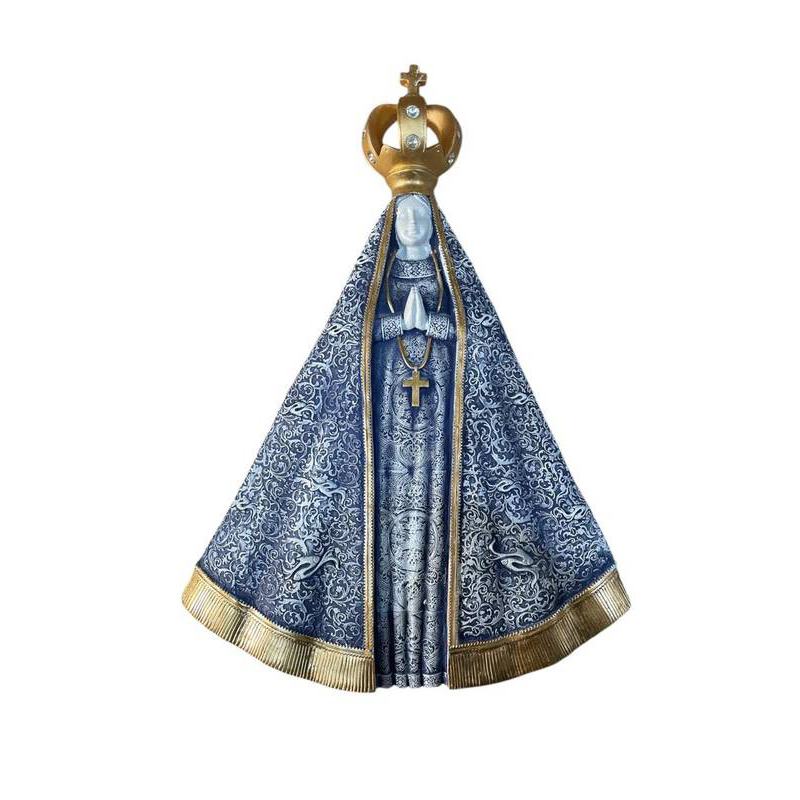 Placa de Parede Nossa Senhora Aparecida 44 cm Resina Importada Azul com Dourado Milagre do Peixe