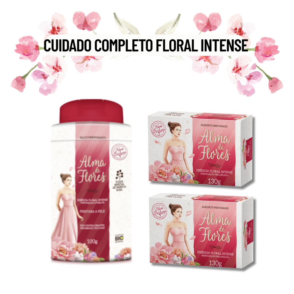 Kit Talco Perfumado 100g + 2 Sabonetes Barra  130g  Alma de Flores Floral Intense  - Memphis Original