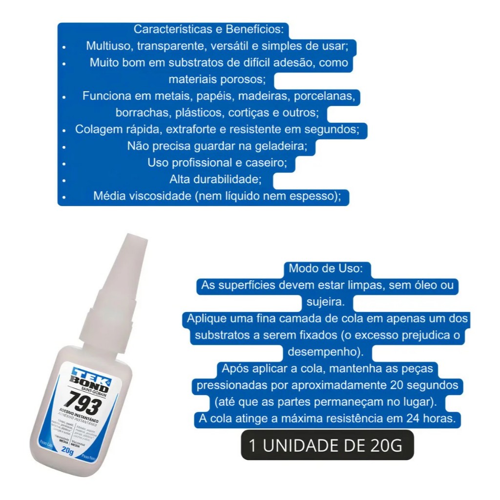 Cola Instantânea TekBond 793 20g Super Bond Top Qualidade - Transparente