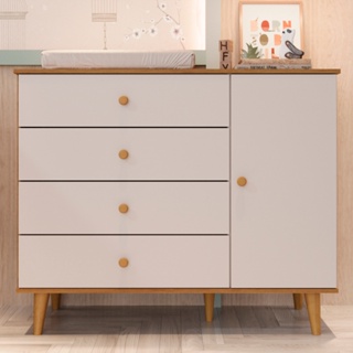 Cômoda Infantil Retrô 4 Gavetas com Porta Fraldário Pés Palito Lígia MDF Off White em Oferta na Shopee