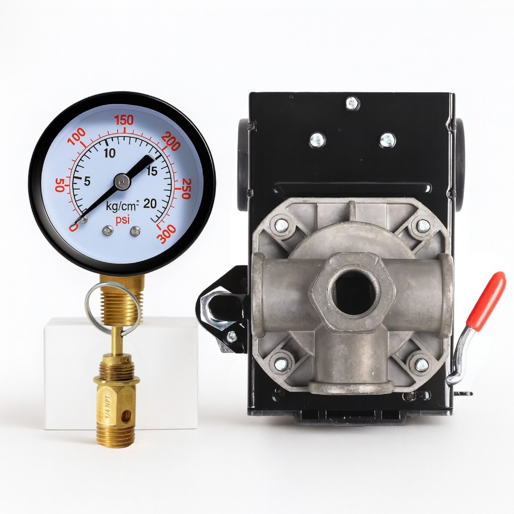 Kit Com Pressostato 125/175 PSI 4 vias + Válvula e Manômetro
