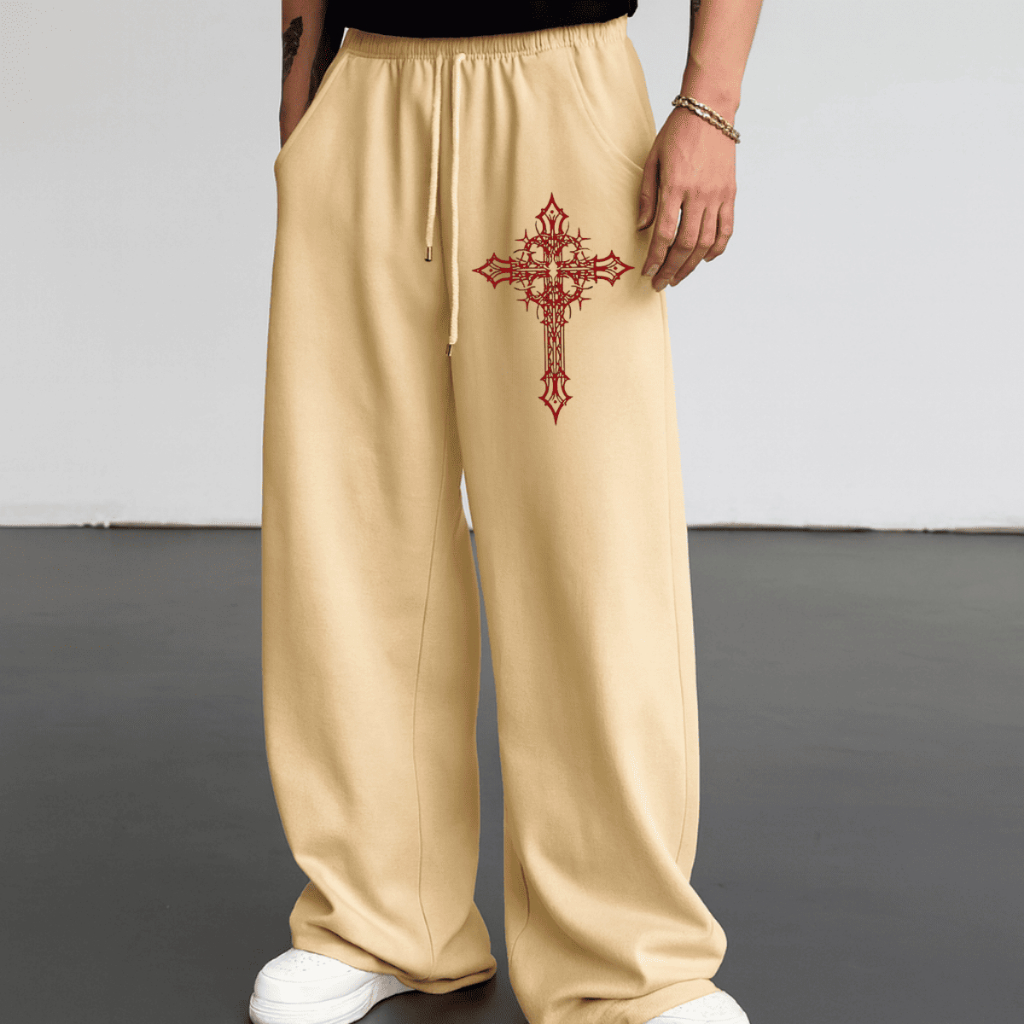 Calça Larga Moletom Wide Leg Unissex Estilo Streetwear Hip Hop Cruz Vermelha