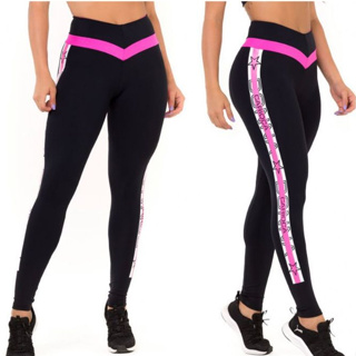 Calça Legging Donna feminina | Cós Alto em V | Estampa Lateral | Fitness Academia em Oferta na Shopee