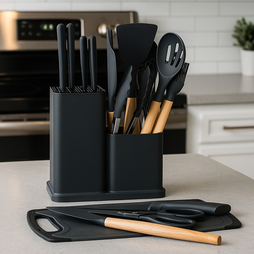 Kit Cozinha 19 Peças Silicone Antiaderente Facas Inox Madeira com Suporte