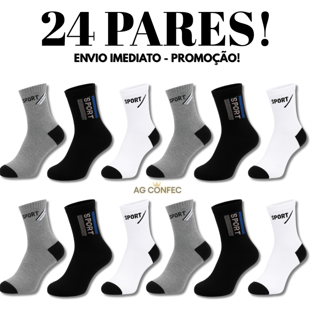 Kit 24 Pares Meias Cano Longo SPORT com Algodão Unissex em Oferta na Shopee