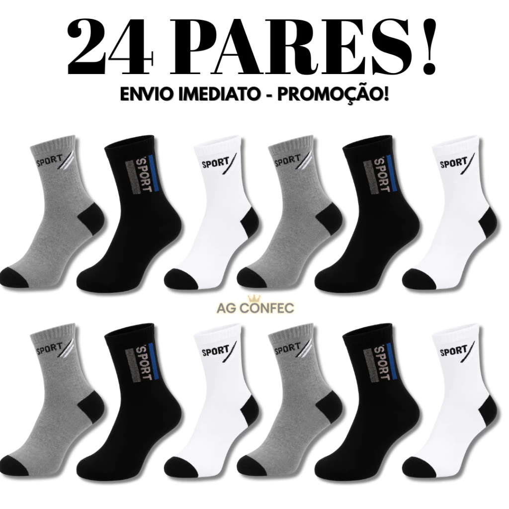 Kit 24 Pares Meias Cano Longo SPORT com Algodão Unissex