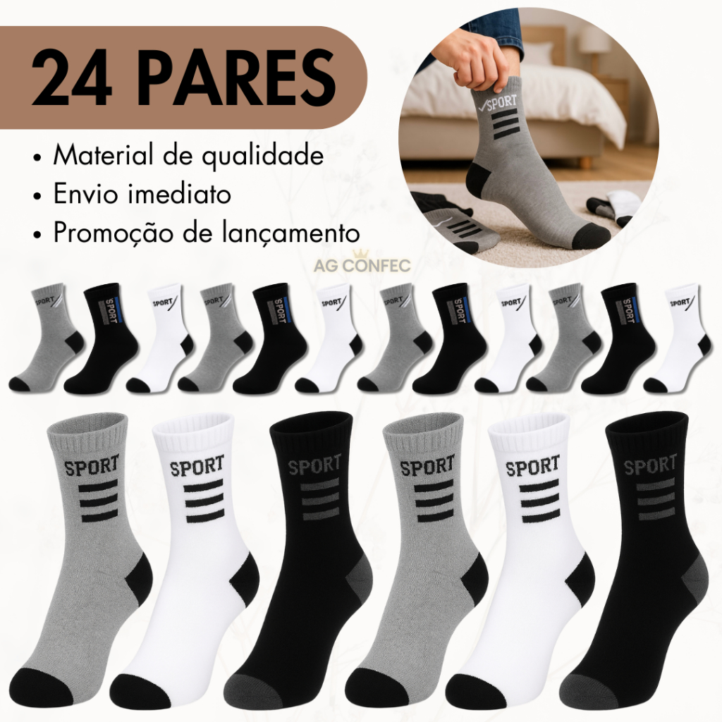 24 Pares Meia Grossa Alta Qualidade Cano Alto em Oferta na Shopee