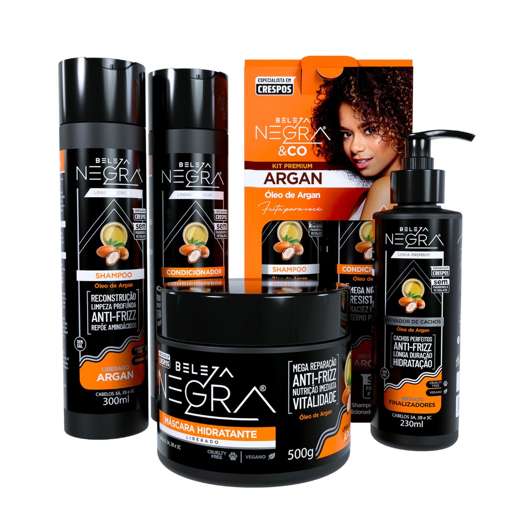 Kit Premium Argan com Shampoo Condicionador, Máscara e Ativador de Cachos Beleza Negra & Co Para Cabelo Crespo, Cacheado