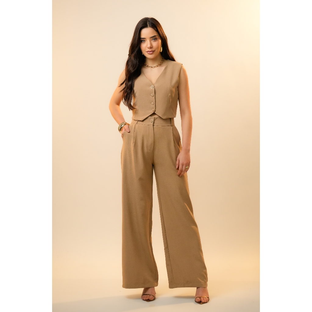 Conjunto de Twil colete e calca  detalhe de botões forrado no colete e calca pantalona em Oferta na Shopee