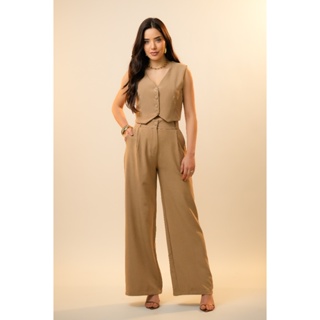 Conjunto de Twil colete e calca  detalhe de botões forrado no colete e calca pantalona em Oferta na Shopee