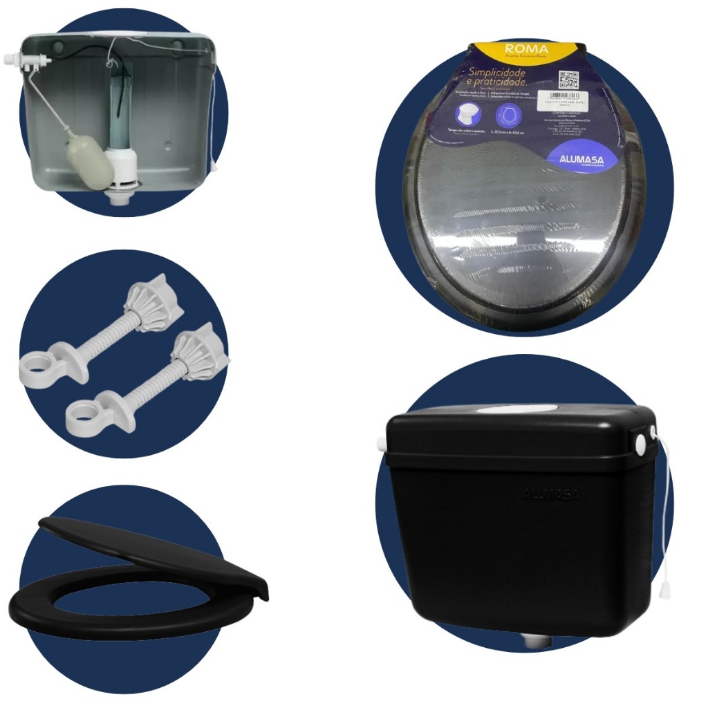 Kit Caixa descarga e Assento Preto Alumasa em Oferta na Shopee