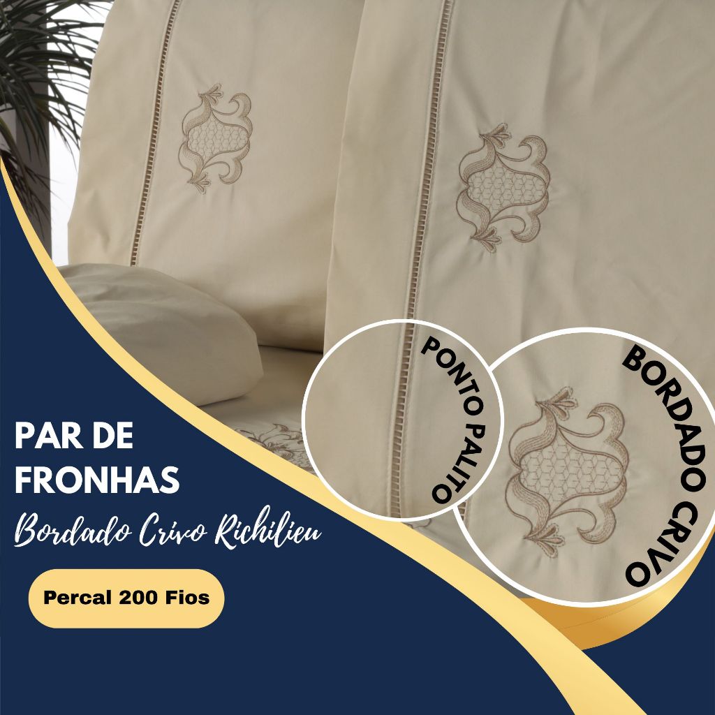 Par (2) Fronhas Bordadas Crivo 100% Algodão Percal 200 Fios em Oferta na Shopee