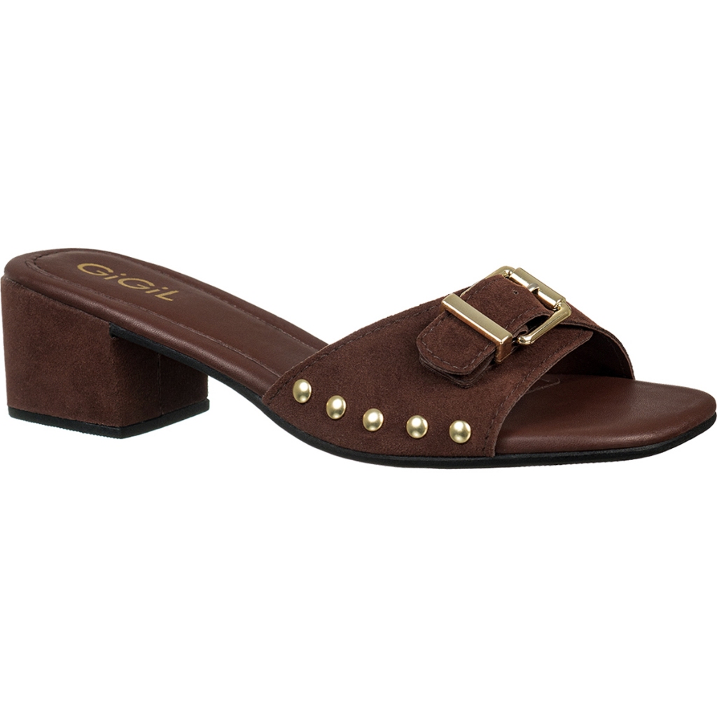 Tamanco Feminino Mule Fivela e Tachas Metalizado Salto Bloco Bico Quadrado Confortável GiGiL em Oferta na Shopee