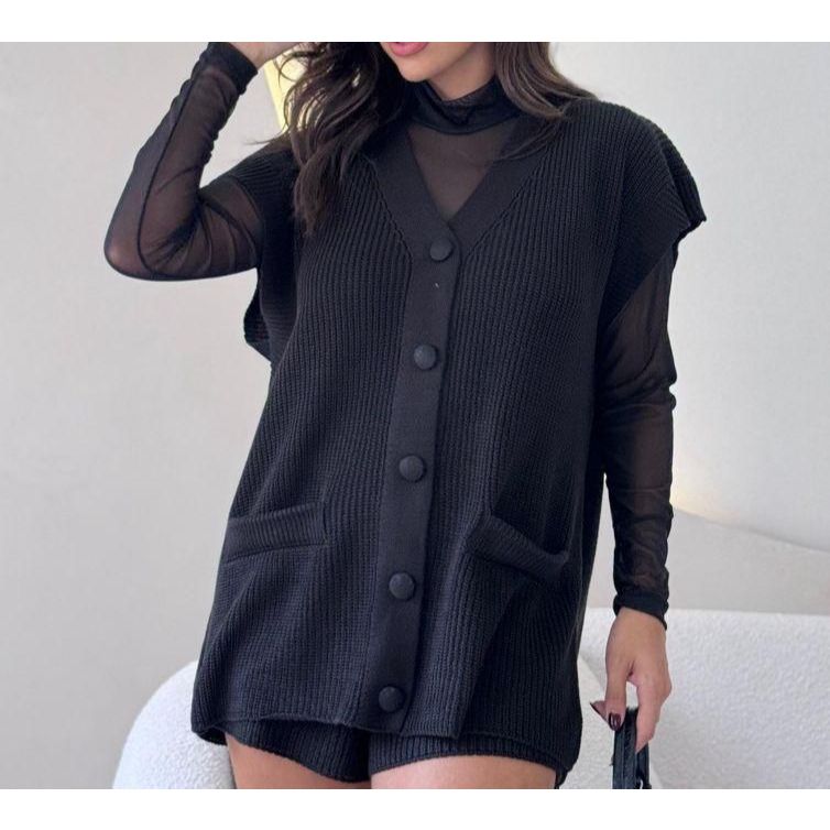Conjunto Tricot Feminino Shorts e Max Colete com Botões Camisa Blusa Moda Feminina Verão Confortável novo 2025