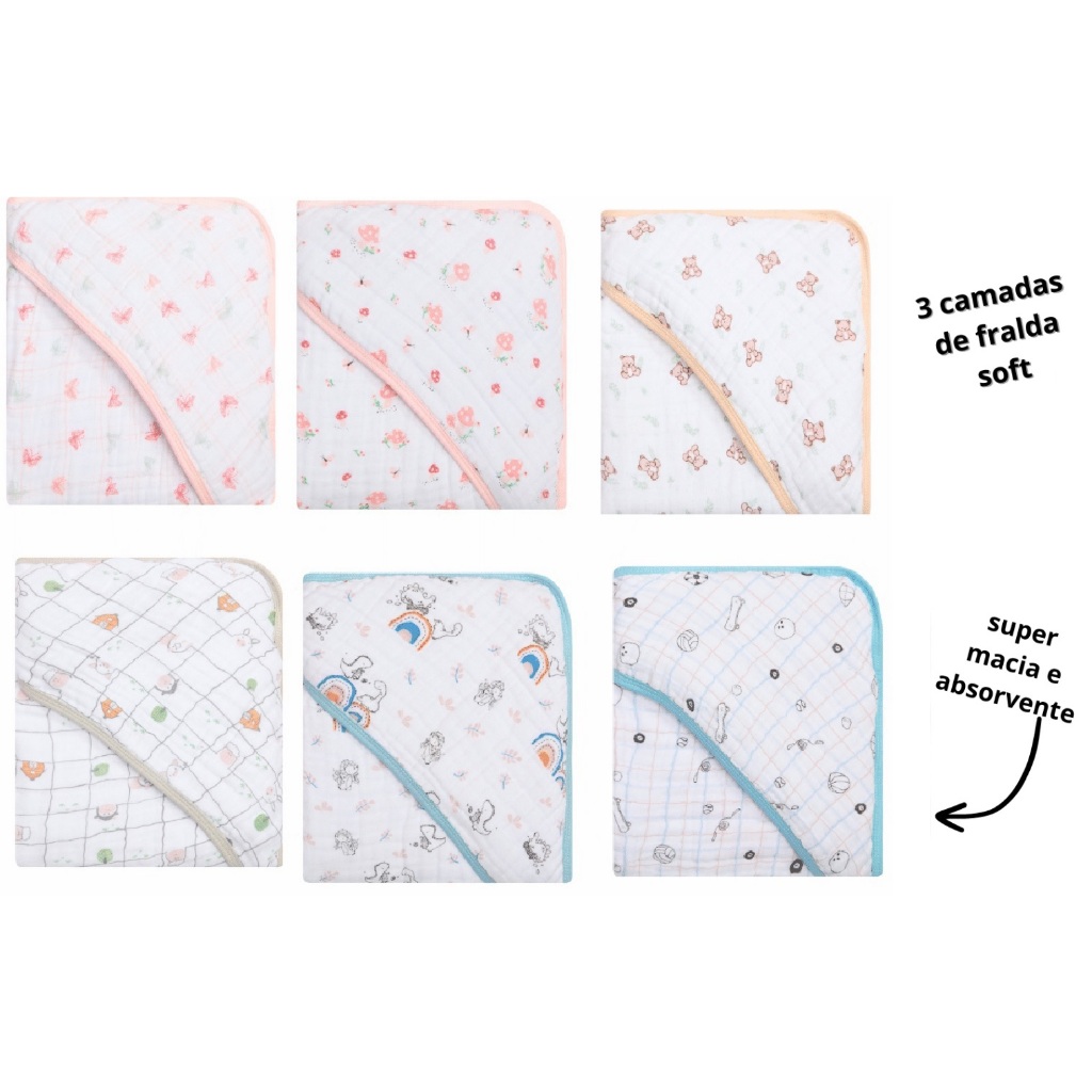 Toalha de Banho Bebe Soft Premium 3 Camadas 90x80cm Papi Toalha de Banho Bebê Papi com Capuz Algodao